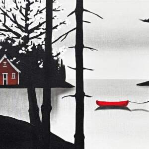 Lots of Time Left, original mixed media landscape painting with a red canoe by Canadian artist Natasha Miller at Effusion Art Gallery in Invermere, BC.