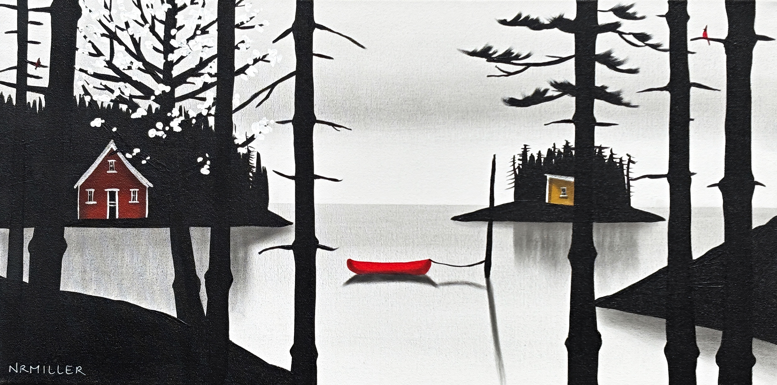 Lots of Time Left, original mixed media landscape painting with a red canoe by Canadian artist Natasha Miller at Effusion Art Gallery in Invermere, BC.