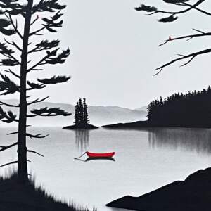 The One, original mixed media landscape painting with a red canoe by Canadian artist Natasha Miller at Effusion Art Gallery in Invermere, BC.
