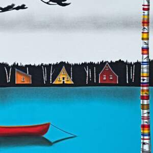 Time Will Tell, original mixed media landscape painting with a red canoe by Canadian artist Natasha Miller at Effusion Art Gallery in Invermere, BC.