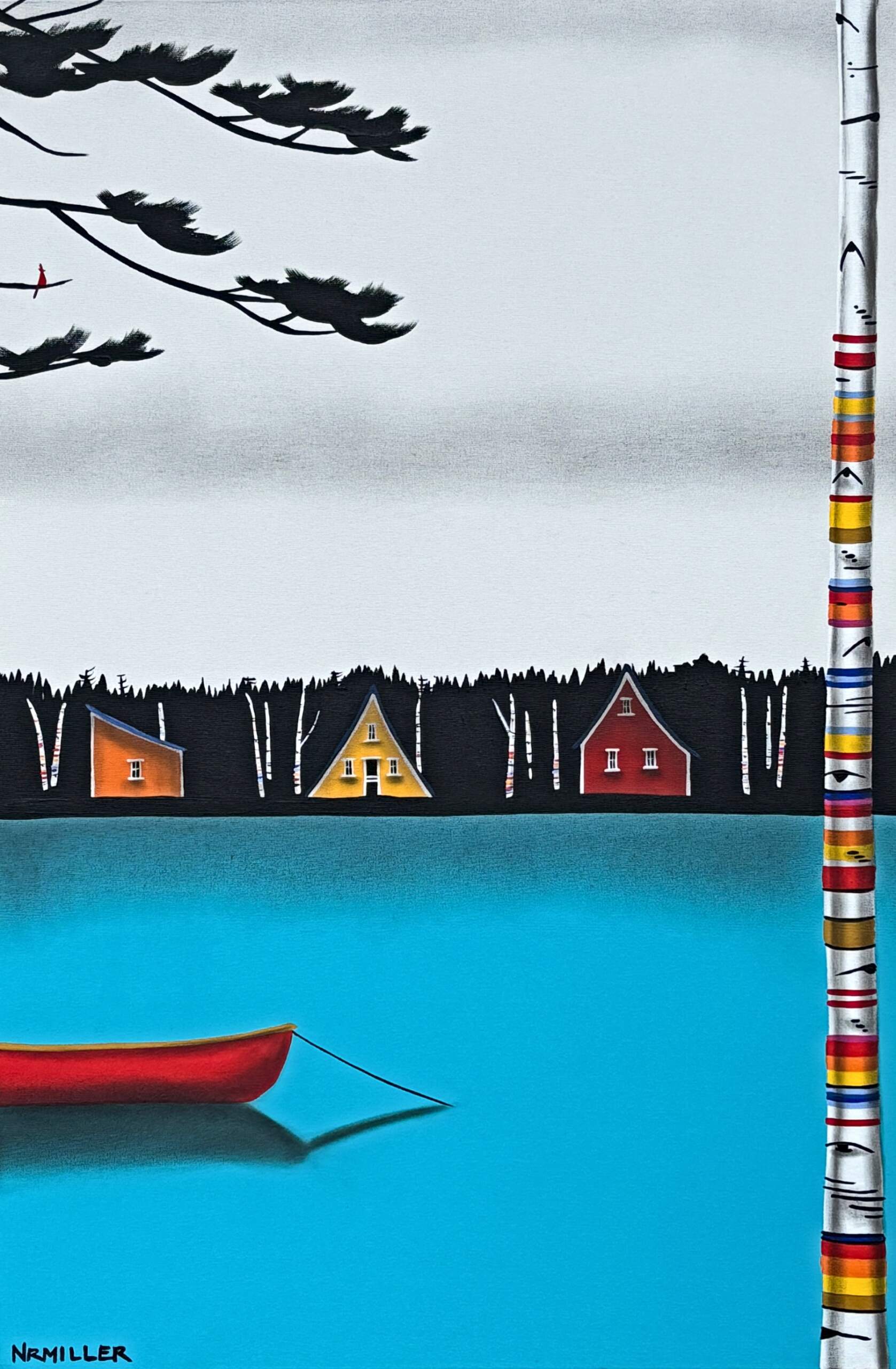 Time Will Tell, original mixed media landscape painting with a red canoe by Canadian artist Natasha Miller at Effusion Art Gallery in Invermere, BC.