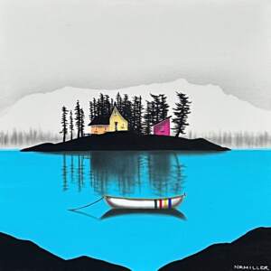 Where We Left Our Hears, original mixed media island landscape painting with an HBC striped canoe by Canadian artist Natasha Miller at Effusion Art Gallery in Invermere, BC.