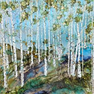 A Place of Wonder, original alcohol ink mystical tree landscape painting by Canadian artist Paulina Tokarski at Effusion Art Gallery in Invermere, BC.