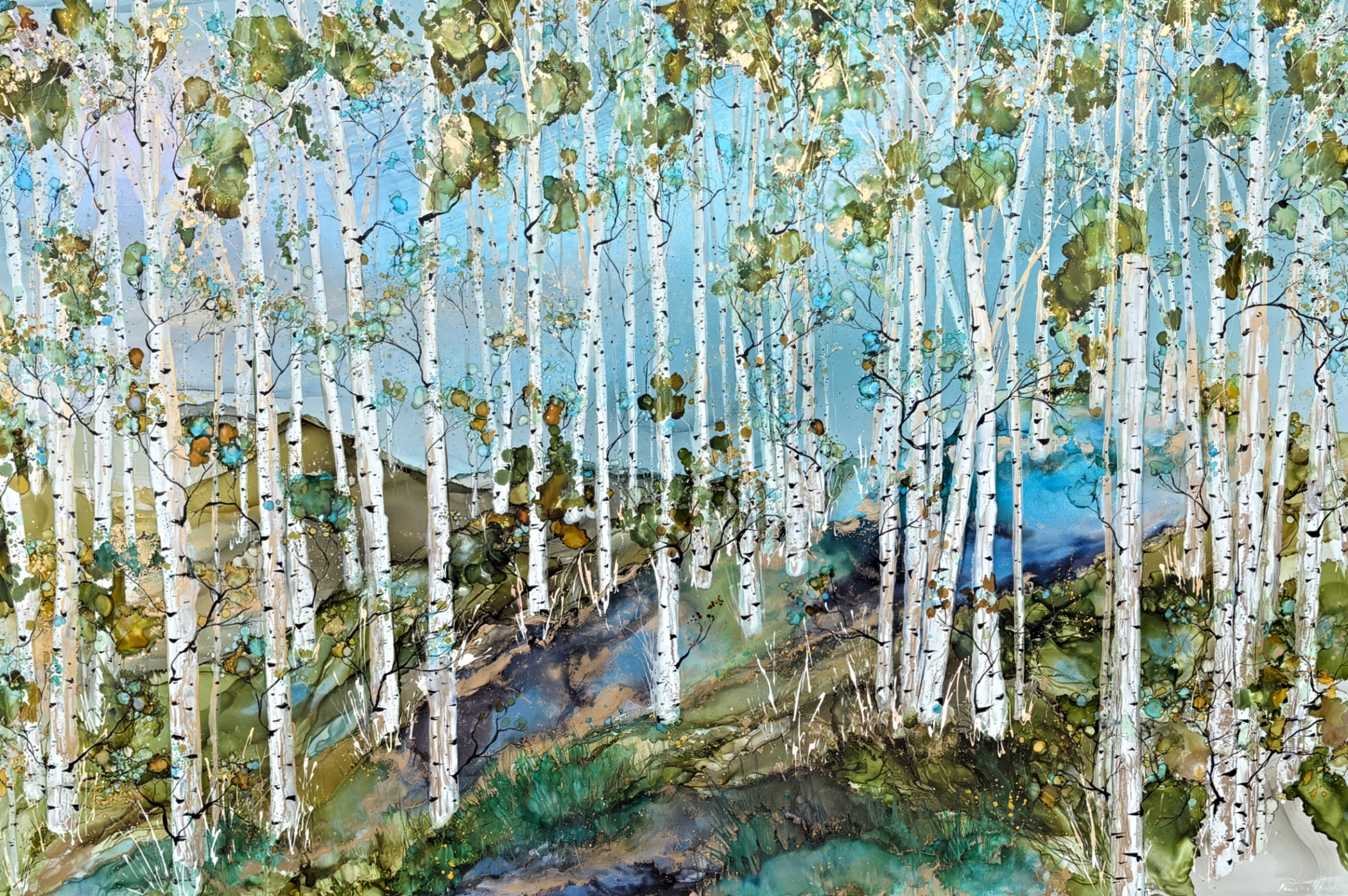A Place of Wonder, original alcohol ink mystical tree landscape painting by Canadian artist Paulina Tokarski at Effusion Art Gallery in Invermere, BC.