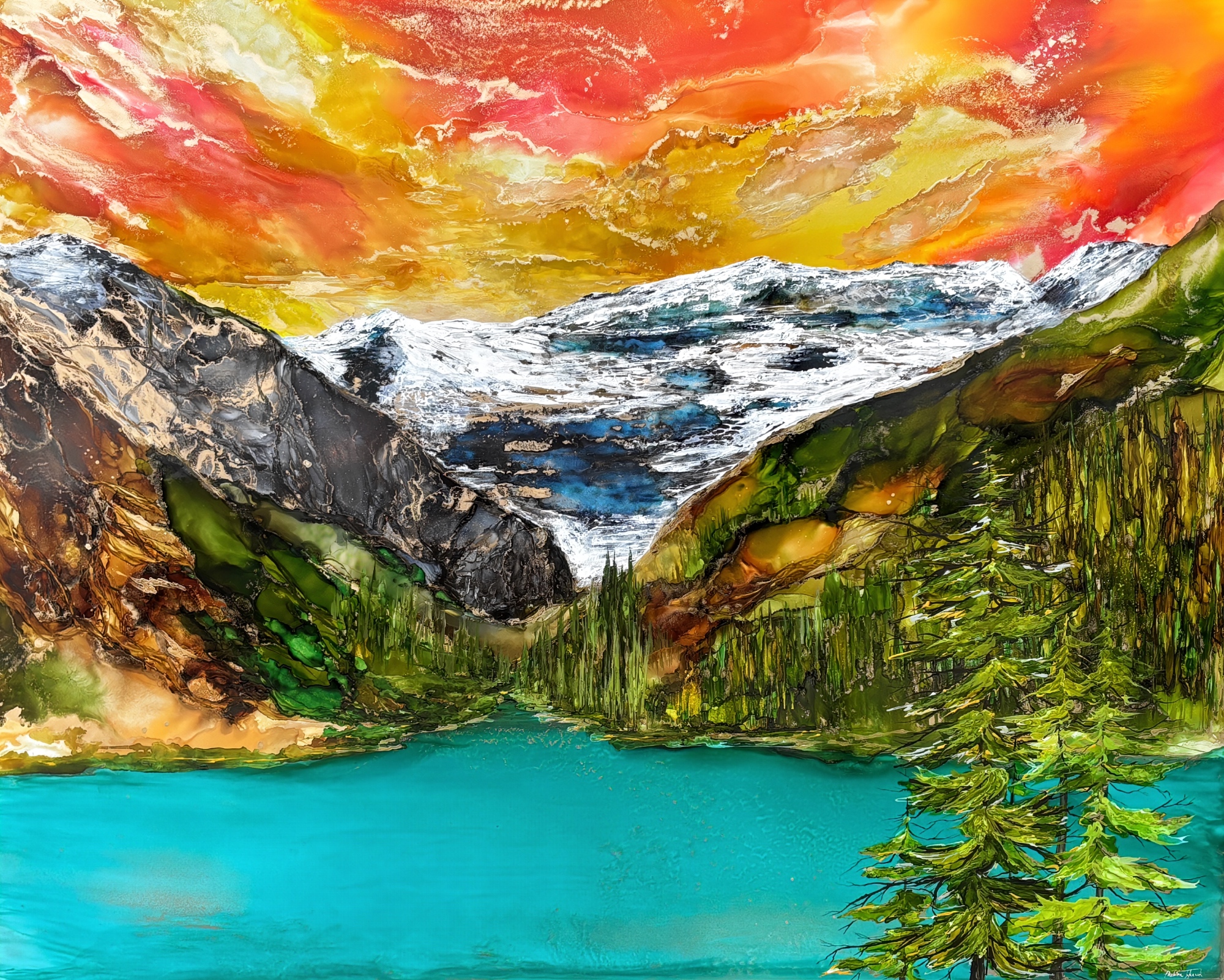 Bound by Louise, original alcohol ink landscape painting of Lake Louise at sunset by Canadian artist Paulina Tokarski at Effusion Art Gallery in Invermere, BC.