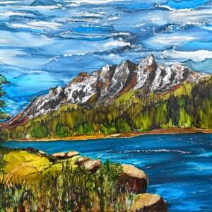 Crowned in Silver, original alcohol ink landscape painting of Castle Mountain by Canadian artist Paulina Tokarski at Effusion Art Gallery in Invermere, BC.