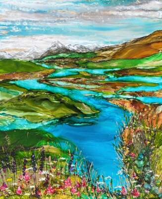 Earth in Motion, original alcohol ink summer landscape painting by Canadian artist Paulina Tokarski at Effusion Art Gallery in Invermere, BC.