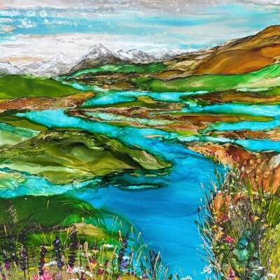 Earth in Motion, original alcohol ink summer landscape painting by Canadian artist Paulina Tokarski at Effusion Art Gallery in Invermere, BC.