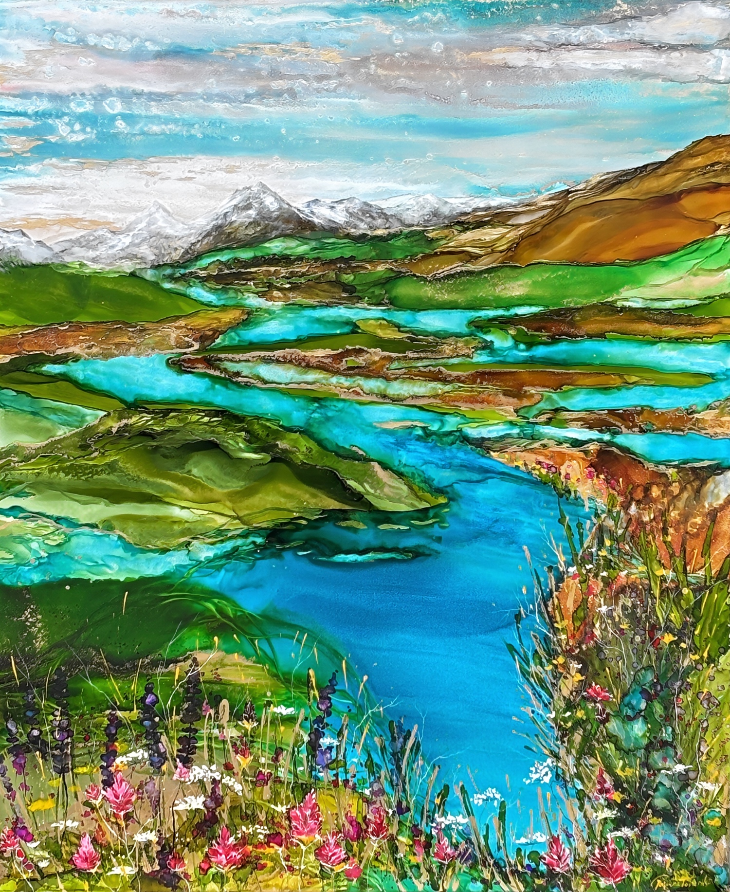 Earth in Motion, original alcohol ink summer landscape painting by Canadian artist Paulina Tokarski at Effusion Art Gallery in Invermere, BC.