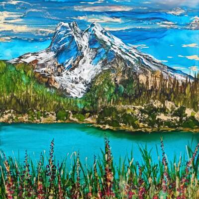 Emerald Embrace, original alcohol ink landscape painting of Emerald Lake by Canadian artist Paulina Tokarski at Effusion Art Gallery in Invermere, BC.