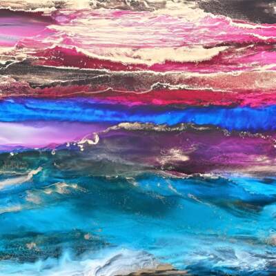 In the Flow, original alcohol ink colour shifting abstract landscape painting by Canadian artist Paulina Tokarski at Effusion Art Gallery in Invermere, BC.