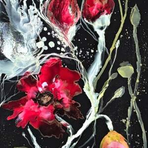 Red Bloom, original alcohol ink red floral painting by Canadian artist Paulina Tokarski at Effusion Art Gallery in Invermere, BC.