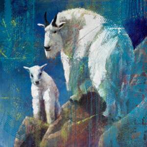 Aglow on the Ridge, original acrylic mountain goat and baby painting by Canadian artist John Webster at Effusion Art Gallery in Invermere, BC.