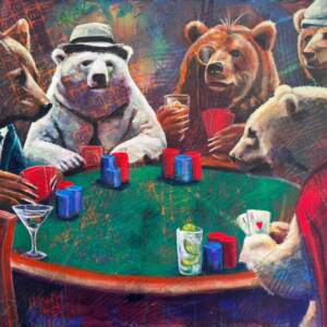 Ante Up! Original acrylic painting of bears playing poker by Canadian artist John Webster at Effusion Art Gallery in Invermere, BC.