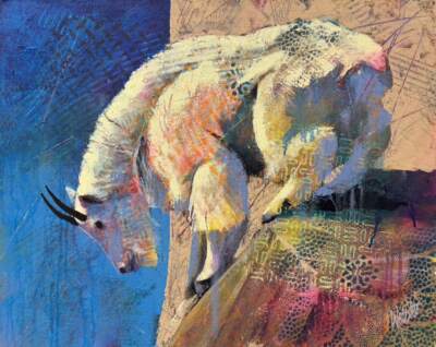 Decision Time, original acrylic mountain goat painting by Canadian artist John Webster at Effusion Art Gallery in Invermere, BC.