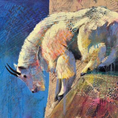 Decision Time, original acrylic mountain goat painting by Canadian artist John Webster at Effusion Art Gallery in Invermere, BC.
