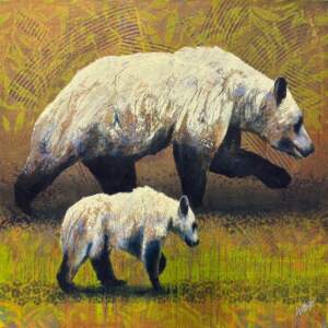 Following Her Footsteps, original acrylic mama bear and cub painting by Canadian artist John Webster at Effusion Art Gallery in Invermere, BC.