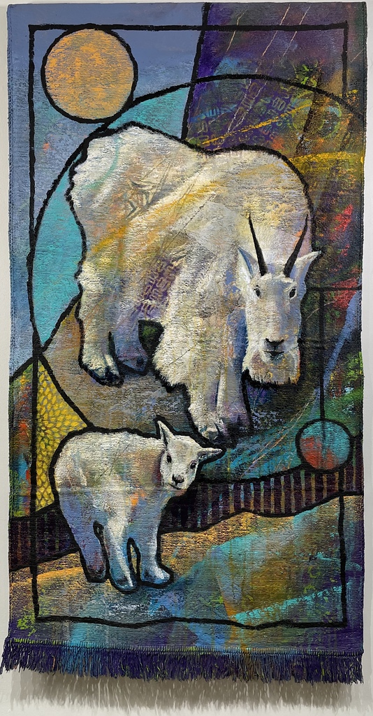 Mother and Kid, original acrylic mountain goat and baby Turkish tapestry painting by Canadian artist John Webster at Effusion Art Gallery in Invermere, BC.