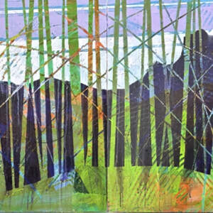 Rundle Forest, original acrylic Rocky Mountain landscape quadriptych painting by Canadian artist John Webster at Effusion Art Gallery in Invermere, BC.