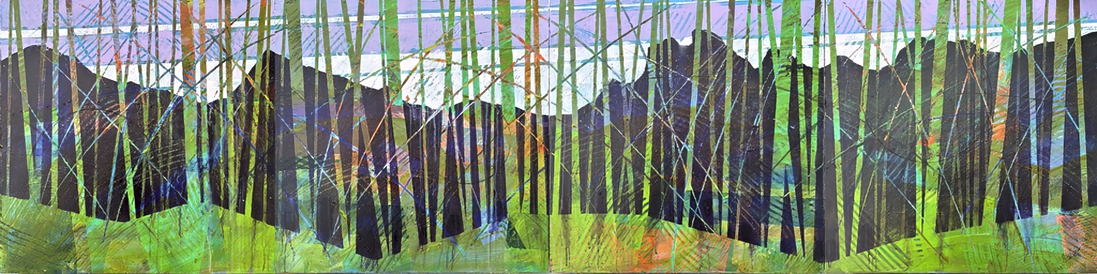 Rundle Forest, original acrylic Rocky Mountain landscape quadriptych painting by Canadian artist John Webster at Effusion Art Gallery in Invermere, BC.