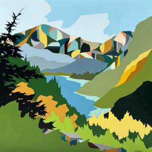Tea with Agnes, original acrylic landscape painting of the view from the Lake Louise Tea House by Canadian artist Michelle Barkway at Effusion Art Gallery in Invermere, BC.
