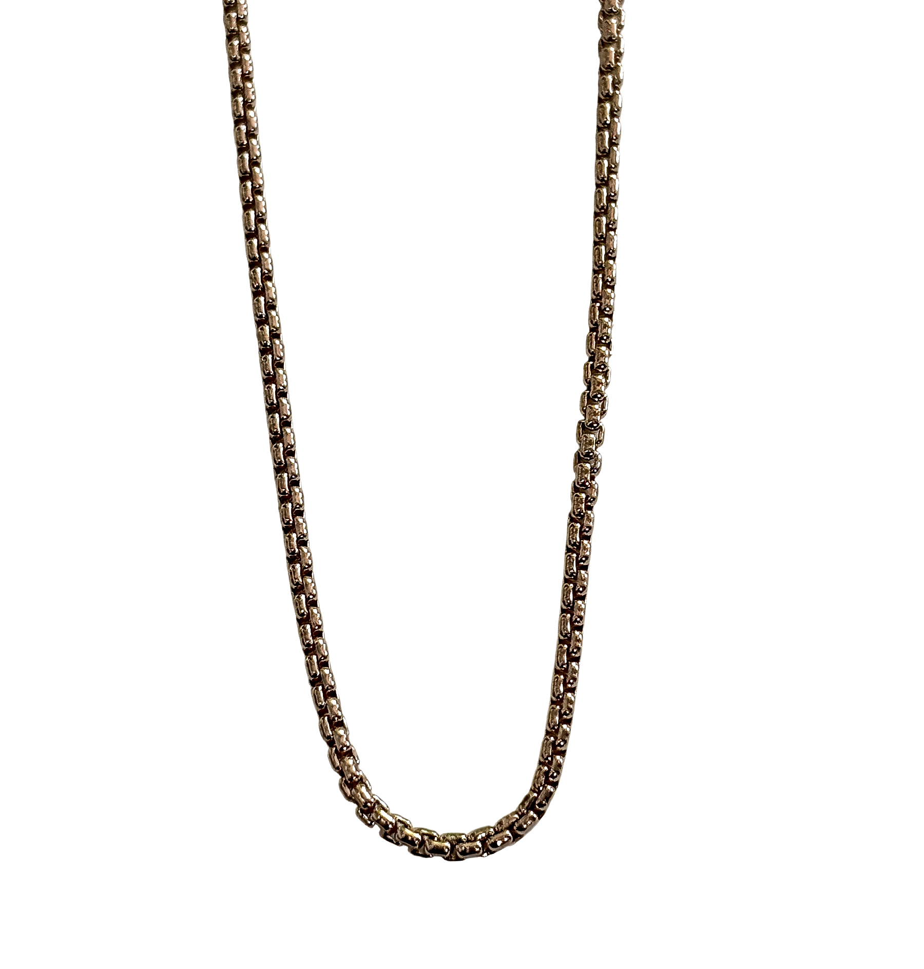 Handmade bronze and sterling silver box link chain necklace by Canadian jewelry artist Karyn Chopik at Effusion Art Gallery in Invermere, BC.