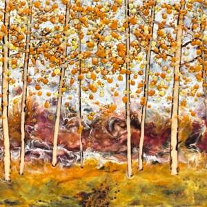 I Won't be Long 25114, original encaustic autumn tree landscape painting by Canadian artist Catharine Clarke at Effusion Art Gallery in Invermere, BC.