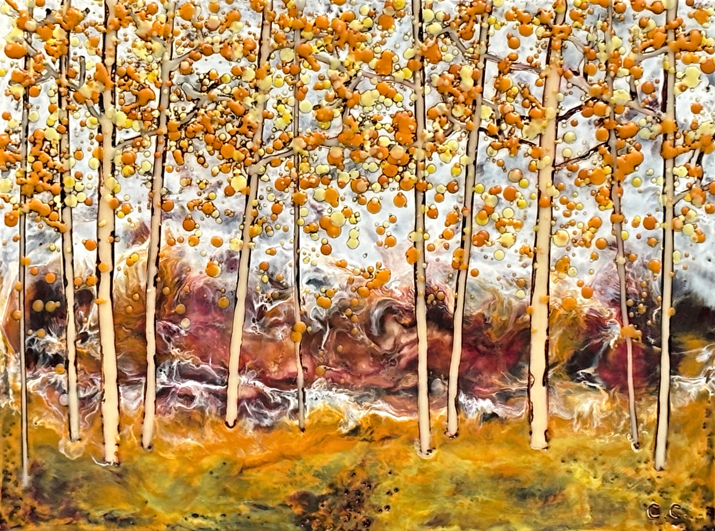 I Won't be Long 25114, original encaustic autumn tree landscape painting by Canadian artist Catharine Clarke at Effusion Art Gallery in Invermere, BC.