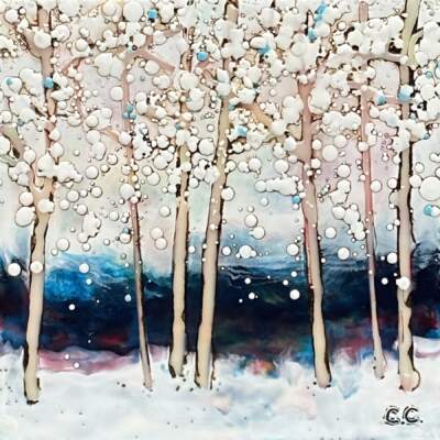 Just a Slice 1 25115, original encaustic winter tree landscape painting by Canadian artist Catharine Clarke at Effusion Art Gallery in Invermere, BC.