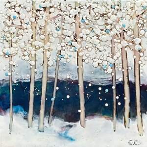 Just a Slice 2 25116, original encaustic winter tree landscape painting by Canadian artist Catharine Clarke at Effusion Art Gallery in Invermere, BC.