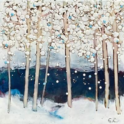 Just a Slice 2 25116, original encaustic winter tree landscape painting by Canadian artist Catharine Clarke at Effusion Art Gallery in Invermere, BC.