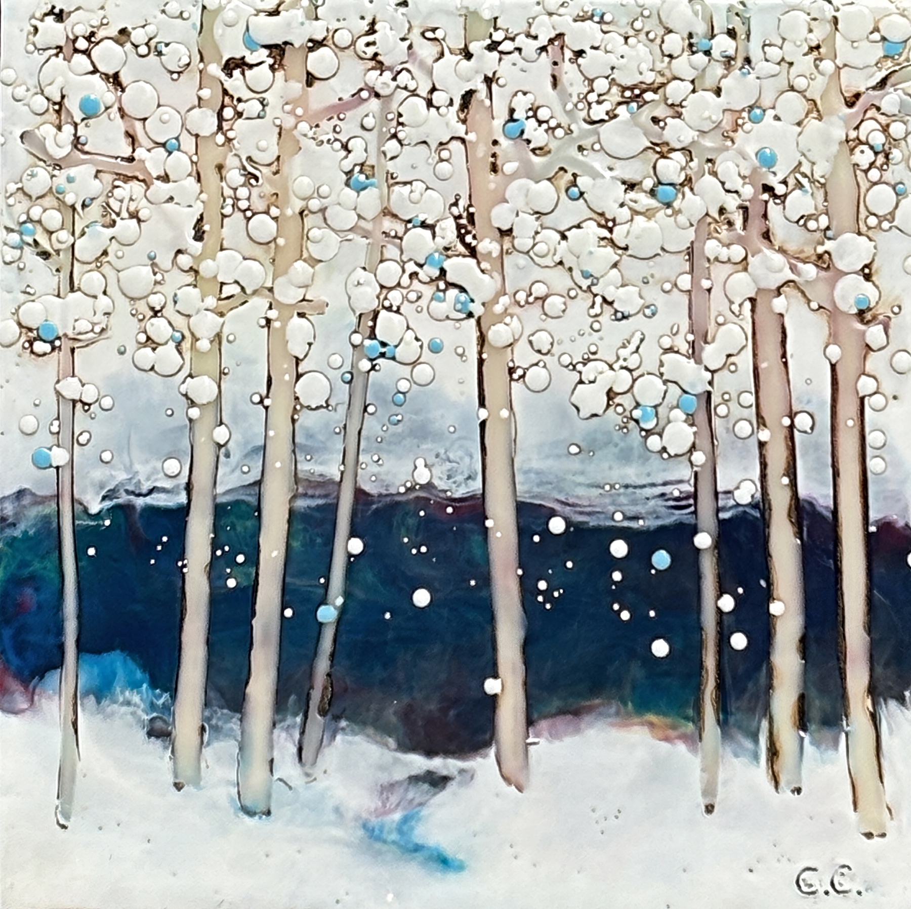 Just a Slice 2 25116, original encaustic winter tree landscape painting by Canadian artist Catharine Clarke at Effusion Art Gallery in Invermere, BC.