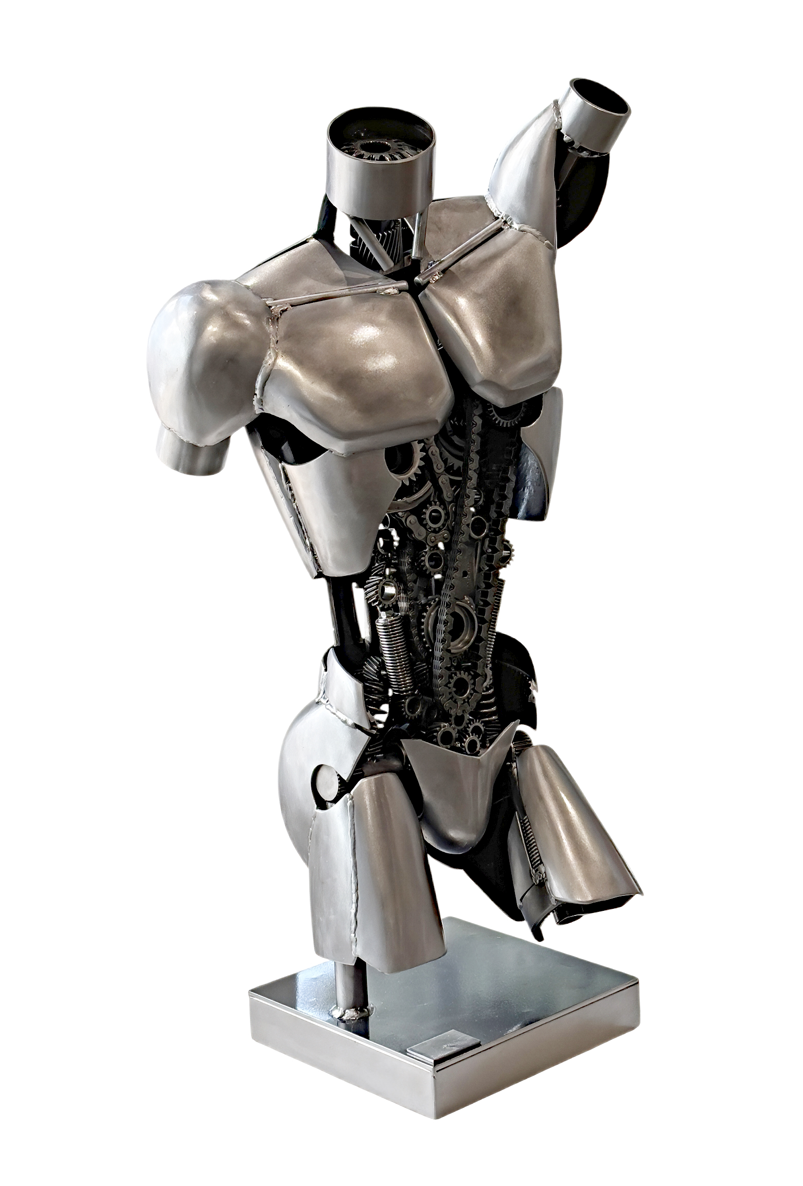 Apollo, original steel robot-inspired male torso sculpture by Canadian metal artist Cory Fuhr at Effusion Art Gallery in Invermere, BC.
