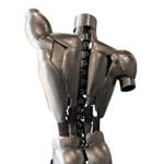 Apollo, original steel robot-inspired male torso sculpture by Canadian metal artist Cory Fuhr at Effusion Art Gallery in Invermere, BC.
