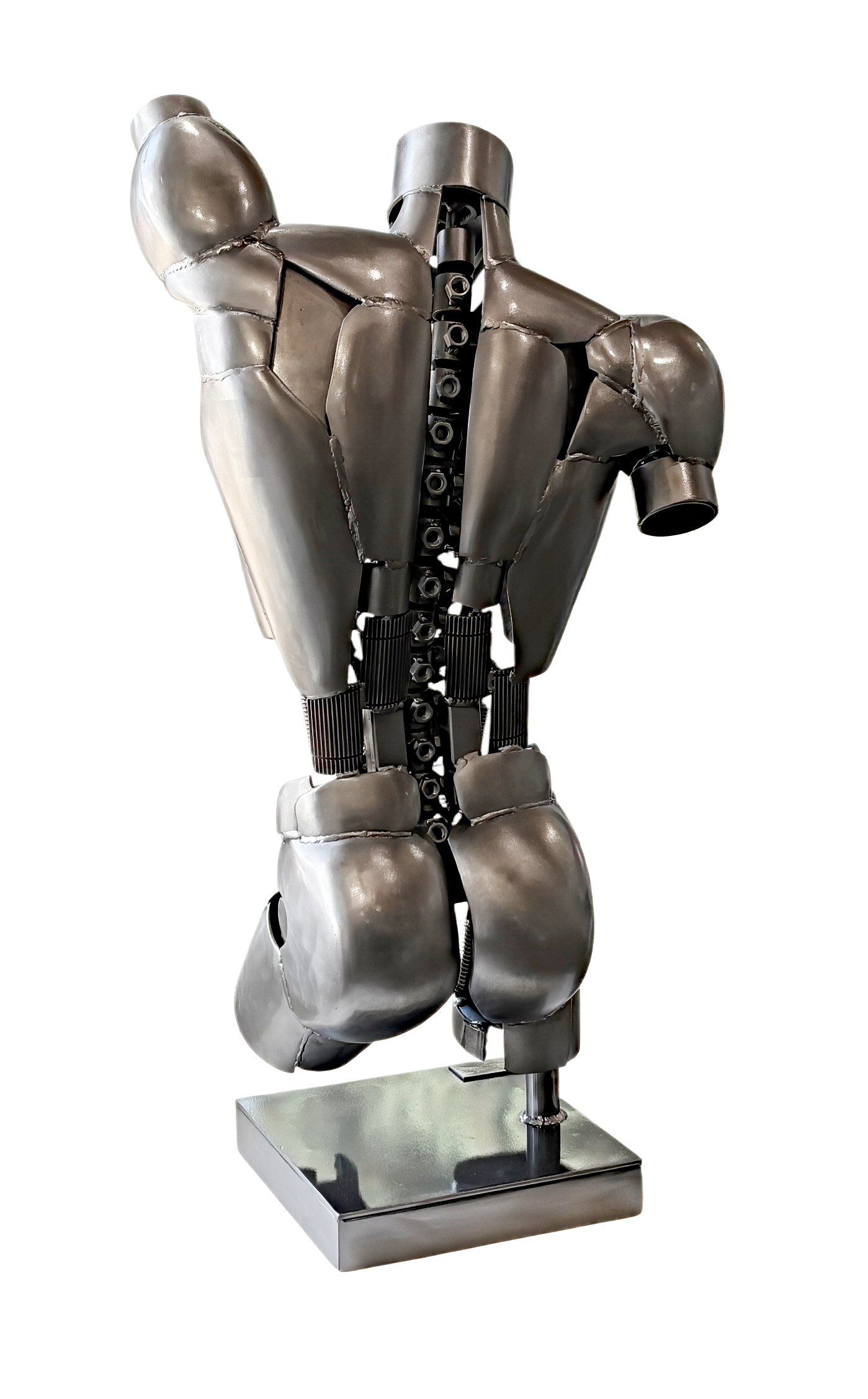 Apollo, original steel robot-inspired male torso sculpture by Canadian metal artist Cory Fuhr at Effusion Art Gallery in Invermere, BC.