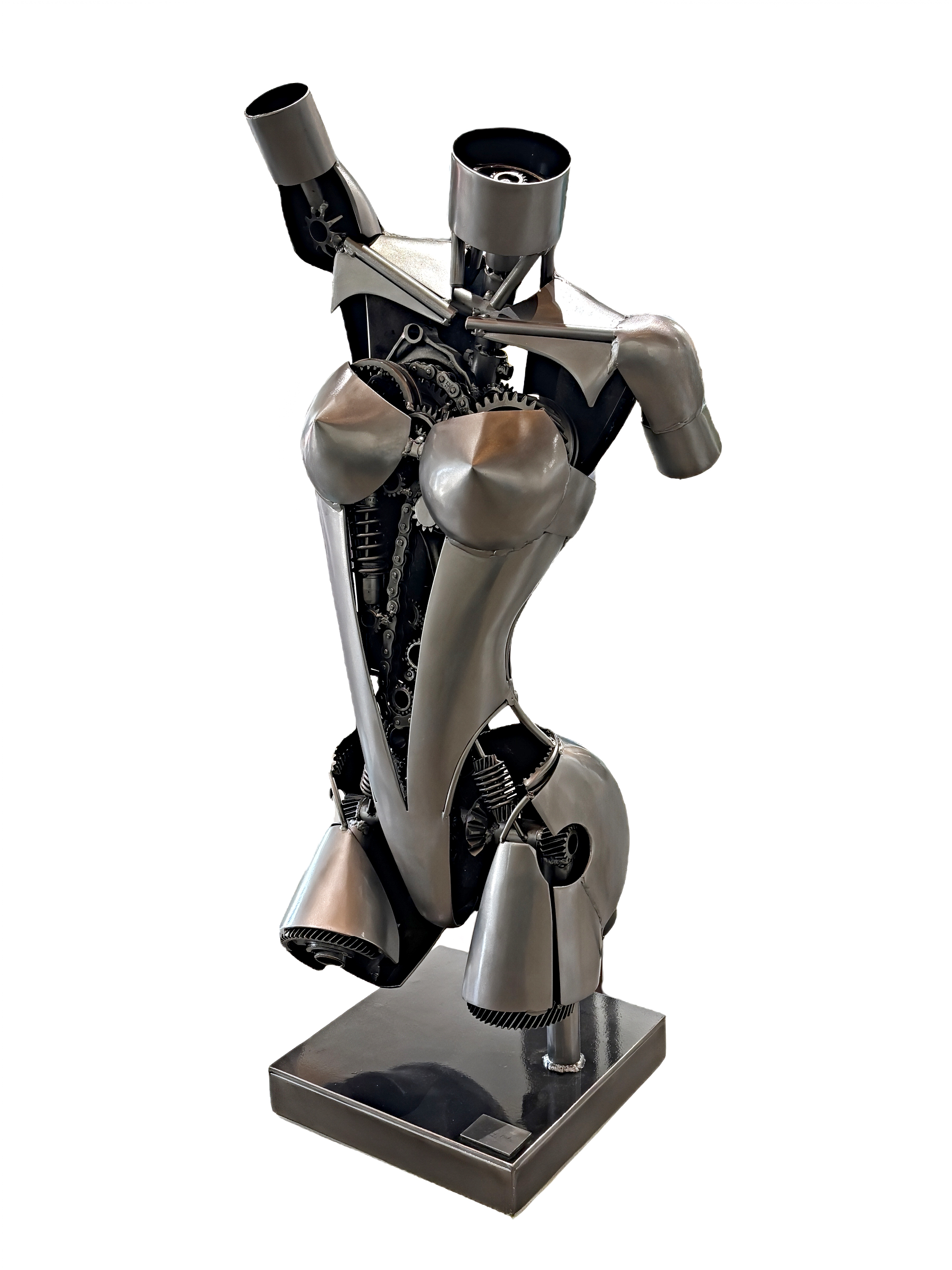 Poetry, original steel robot-inspired female torso sculpture by Canadian metal artist Cory Fuhr at Effusion Art Gallery in Invermere, BC.