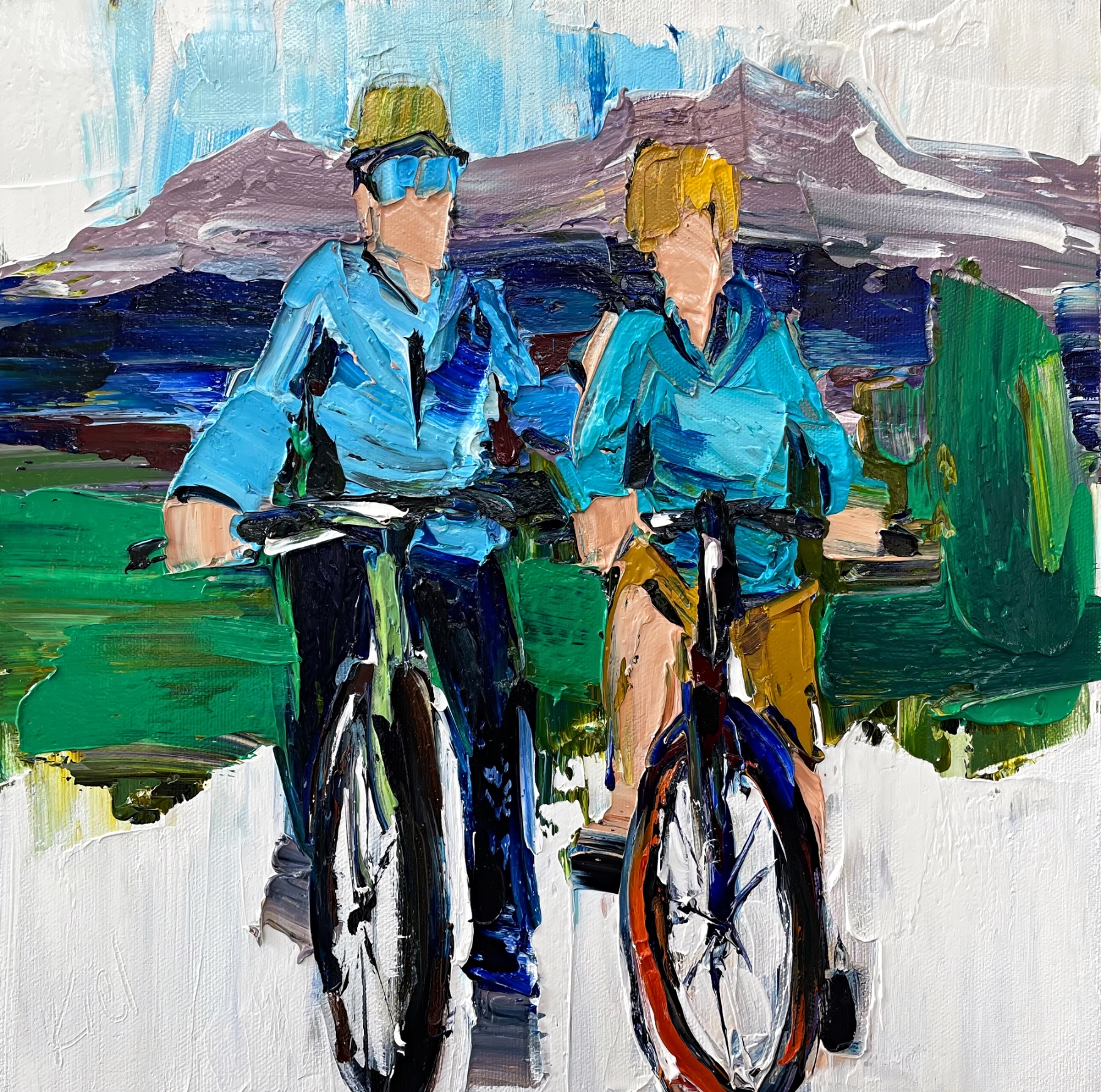Memories Made, original oil painting of a dad and son on their mountain bikes by Canadian artist Kimberly Kiel at Effusion Art Gallery in Invermere, BC.