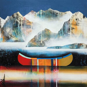 Après la pluie, original mixed media mini canoe + mountains painting by Canadian artist Sylvain Leblanc at Effusion Art Gallery in Invermere, BC.