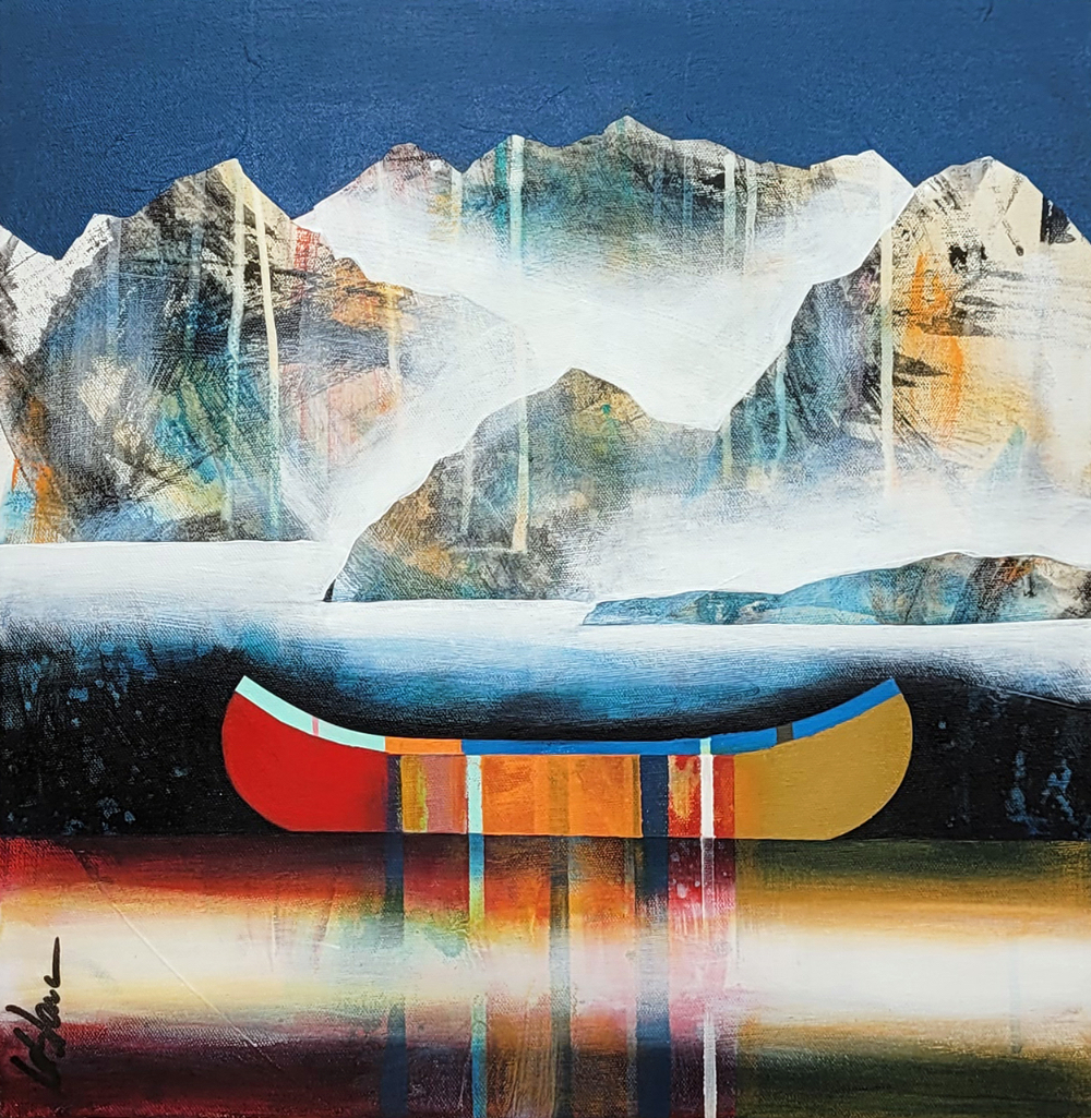 Après la pluie, original mixed media mini canoe + mountains painting by Canadian artist Sylvain Leblanc at Effusion Art Gallery in Invermere, BC.