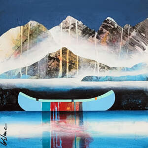 Bleu désir, original mixed media mini canoe + mountains painting by Canadian artist Sylvain Leblanc at Effusion Art Gallery in Invermere, BC.