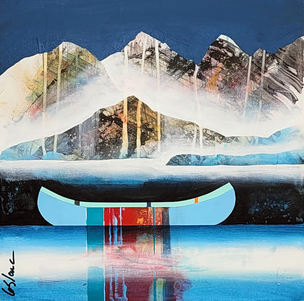 Bleu désir, original mixed media mini canoe + mountains painting by Canadian artist Sylvain Leblanc at Effusion Art Gallery in Invermere, BC.