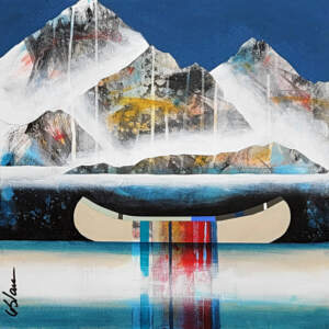 Charme, original mixed media mini canoe + mountains painting by Canadian artist Sylvain Leblanc at Effusion Art Gallery in Invermere, BC.