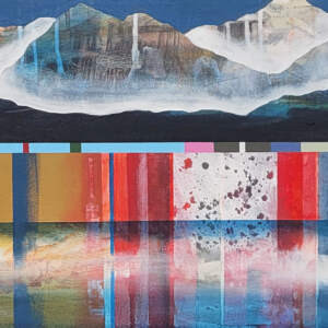 Contemplation, original mixed media canoe and mountain painting by Canadian artist Sylvain Leblanc at Effusion Art Gallery in Invermere, BC.