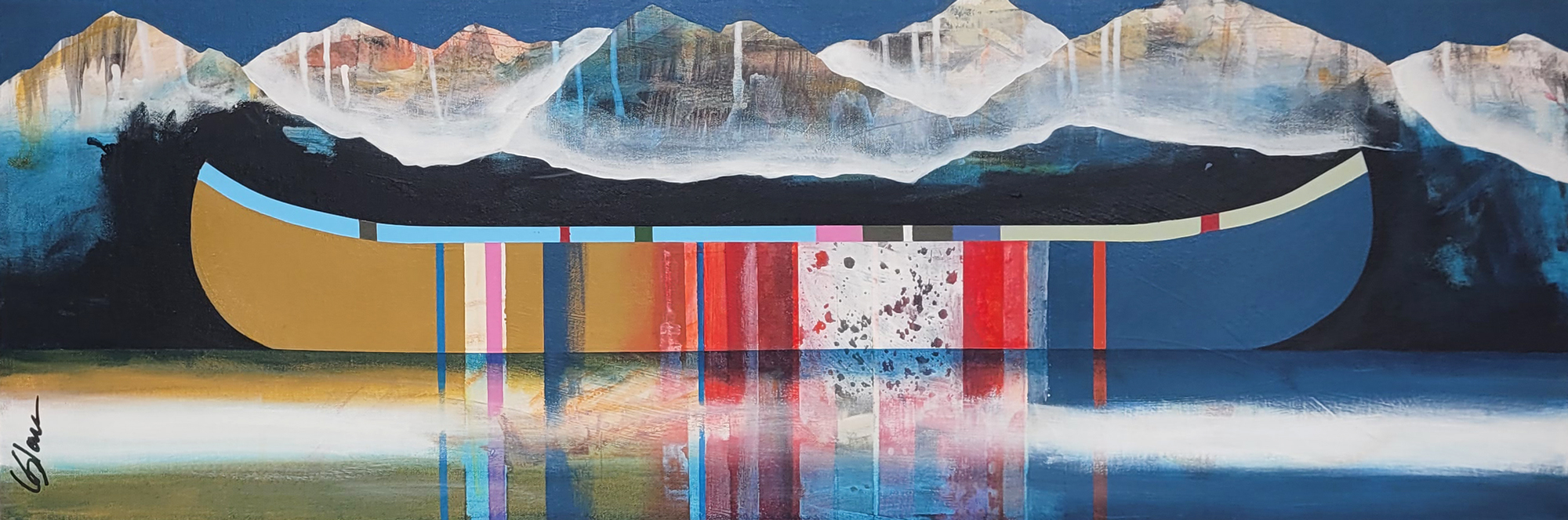 Contemplation, original mixed media canoe and mountain painting by Canadian artist Sylvain Leblanc at Effusion Art Gallery in Invermere, BC.