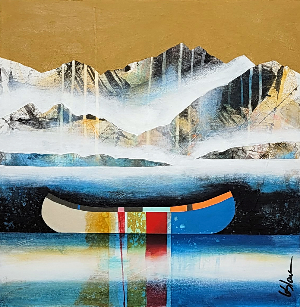Doux soleil, original mixed media mini canoe + mountains painting by Canadian artist Sylvain Leblanc at Effusion Art Gallery in Invermere, BC.