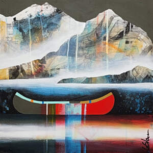 Oublie, original mixed media mini canoe + mountains painting by Canadian artist Sylvain Leblanc at Effusion Art Gallery in Invermere, BC.