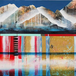 Quelques part avec toi, original mixed media canoe and mountain painting by Canadian artist Sylvain Leblanc at Effusion Art Gallery in Invermere, BC.
