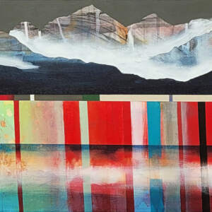 Remous, original mixed media canoe and mountain painting by Canadian artist Sylvain Leblanc at Effusion Art Gallery in Invermere, BC.