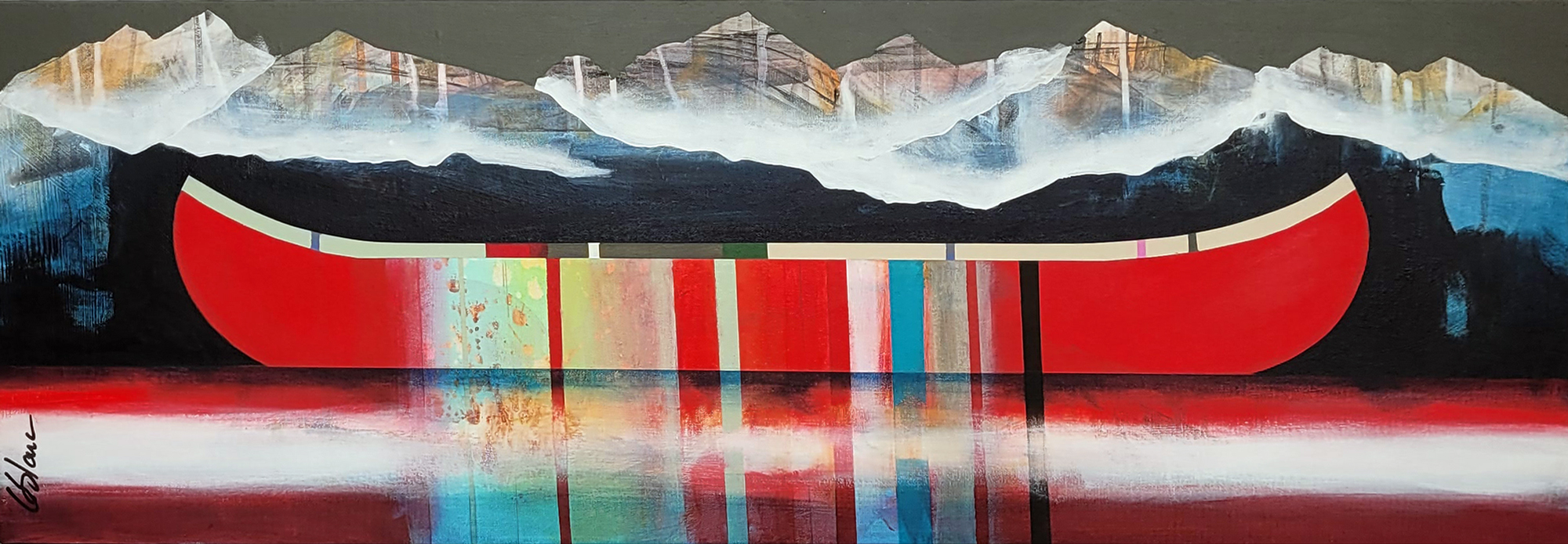 Remous, original mixed media canoe and mountain painting by Canadian artist Sylvain Leblanc at Effusion Art Gallery in Invermere, BC.