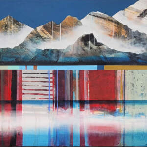 Un simple sourire, original mixed media canoe and mountain painting by Canadian artist Sylvain Leblanc at Effusion Art Gallery in Invermere, BC.